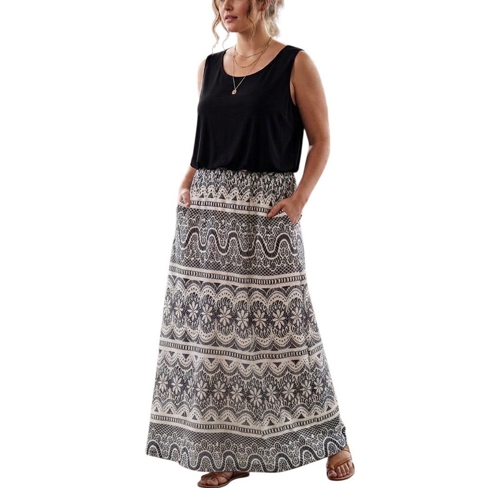 Ellen Weaver Womens 2X Black White Geometric Lace Print Side Slit Maxi Dress